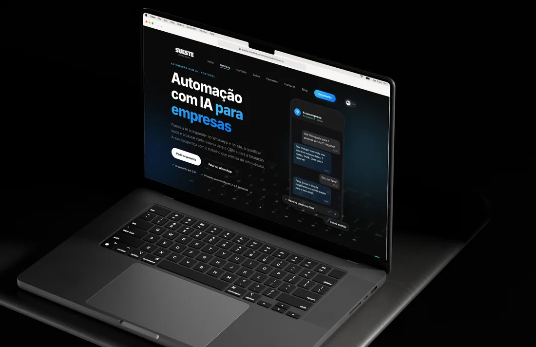 Página de automação com IA da Sueste Creative num MacBook