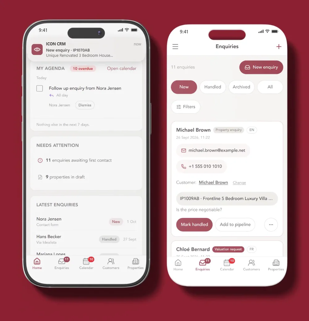 App ICON CRM com a notificação de um novo pedido e a lista de pedidos