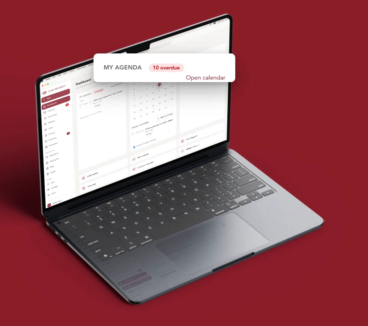 Dashboard do CRM da ICON Property com a agenda do dia