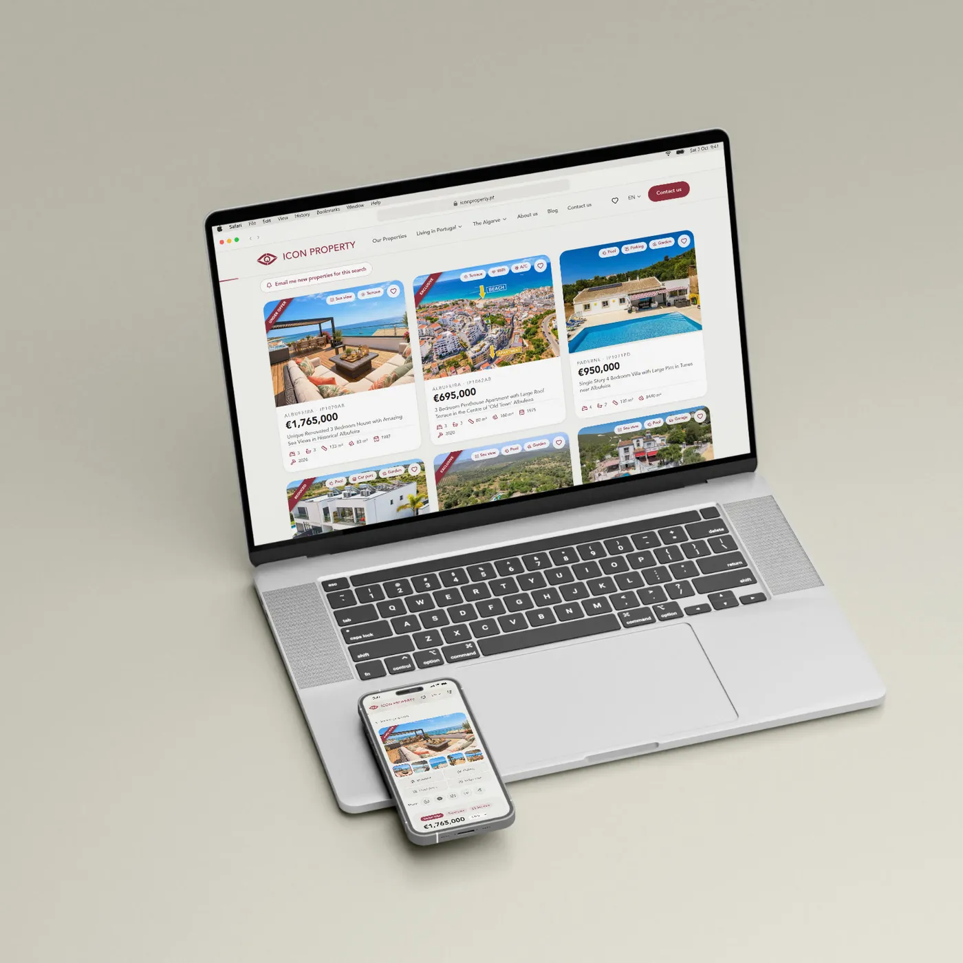 Listagem de imóveis da ICON Property num MacBook e num iPhone